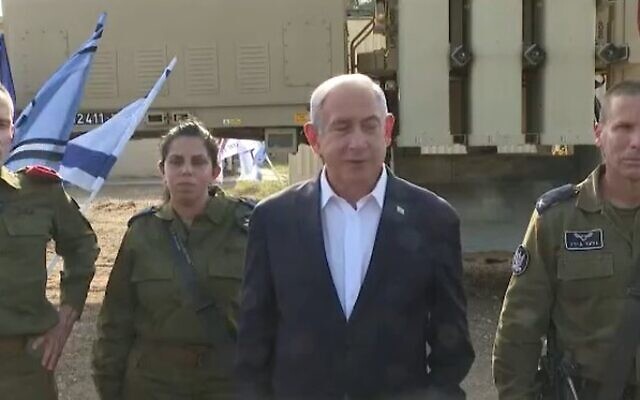 Prime Minister Benjamin Netanyahu visits a David's Sling missile defense battery on May 11, 2023 (Screencapture)