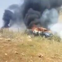 Palestinian vehicles allegedly set on fire by settlers near Ramallah in the West Bank on May 2y, 2023. (Screen capture/Twitter: used in accordance with Clause 27a of the Copyright Law)