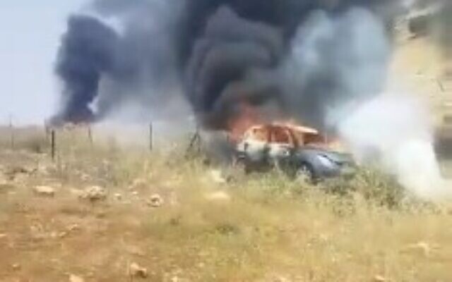 Palestinian vehicles allegedly set on fire by settlers near Ramallah in the West Bank on May 2y, 2023. (Screen capture/Twitter: used in accordance with Clause 27a of the Copyright Law)