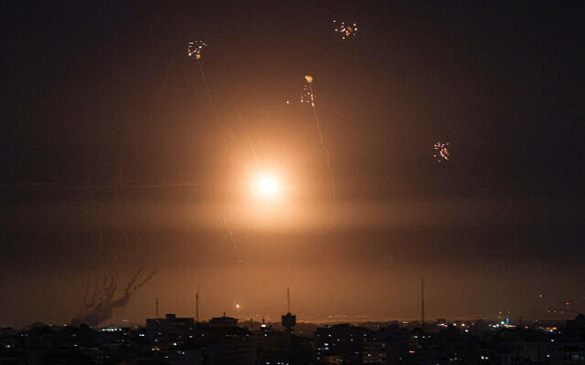 Israel's Iron Dome air defense system intercepts rockets launched from Gaza, on May 10, 2023. (Mahmud Hams/AFP)