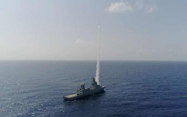 An Iron Dome missile defense system fires an interceptor from a Sa’ar-6 corvette, at a target during an exercise in May 2023. (Defense Ministry)
