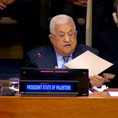 Palestinian Authority President Mahmoud Abbas speaks at a UN event commemorating the Palestinian 'Nakba,' in New York, May 15, 2023. (Screenshot: UN; used in accordance with Clause 27a of the Copyright Law)