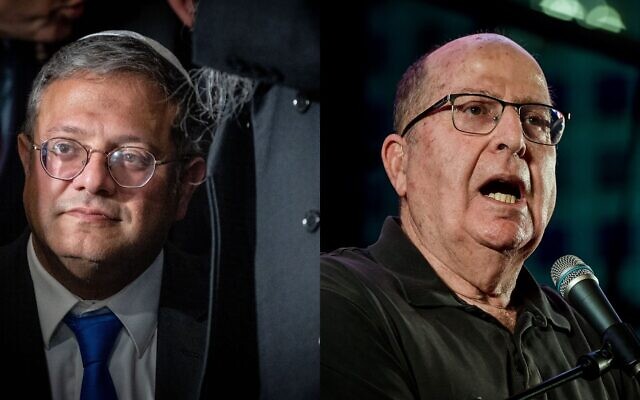 Composite photo: Former defense minister Moshe Ya'alon (right) speaks during a protest against the government's planned judicial overhaul in Tel Aviv, on May 27, 2023. (Avshalom Sassoni/Flash90); National Security Minister Itamar Ben Gvir attends the weekly cabinet meeting, held at the Western Wall tunnels in Jerusalem's Old City on May 21, 2023. (Yonatan Sindel/Flash90)