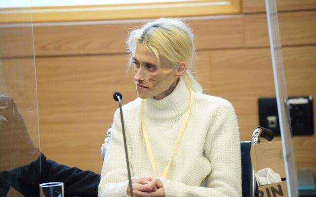Former model Karin Bauman speaks at a Knesset Health Committee hearing on January 25, 2022. (Dani Shem-Tov/Knesset)