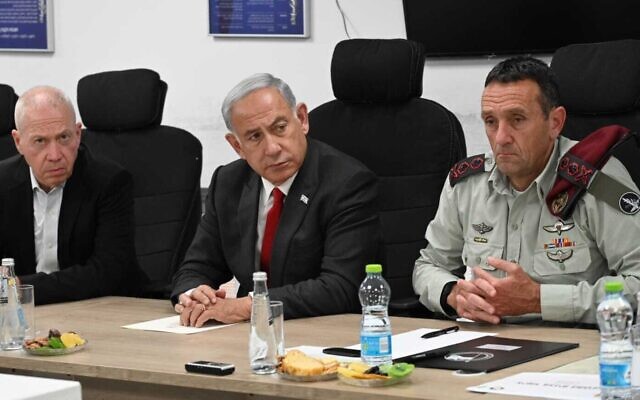Defense Minister Yoav Gallant, left, Prime Minister Benjamin Netanyahu, center and IDF chief Herzi Halevy meeting in Tel Aviv on May 2, 2023. (Haim Zach/GPO)