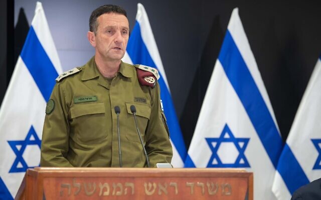 IDF Chief of Staff Herzi Halevi gives a televised statement at military headquarters in Tel Aviv on May 9, 2023. (Israel Defense Forces)