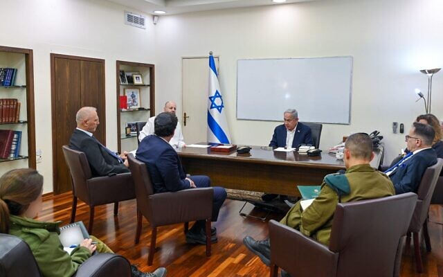 Prime Minister Benjamin Netanyahu holds a meeting with security chiefs at the Kirya military headquarters in Tel Aviv on May 11, 2023. (Kobi Gideon/GPO)