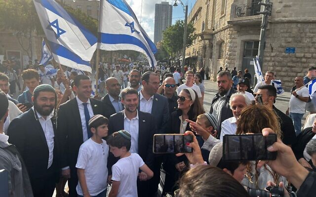 Finance Minister Bezalel Smotrich (center) and a delegation of his fellow Religious Zionism party lawmakers at the Jerusalem Day Flag March, May 18, 2023. (Courtesy)