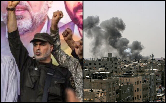 Iyad al-Hassani (left), a top Islamic Jihad official in the group’s military council, in charge of its operations department. (Courtesy); Smoke rises above buildings after airstrikes by Israeli warplanes, in the southern Gaza Strip, May 12, 2023. (Abed Rahim Khatib/Flash90)