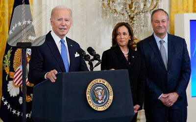 FILE -- US President Joe Biden speaks during a reception to celebrate Rosh Hashanah in the East Room of the White House in Washington, September 30, 2022. (AP Photo/Susan Walsh, File)