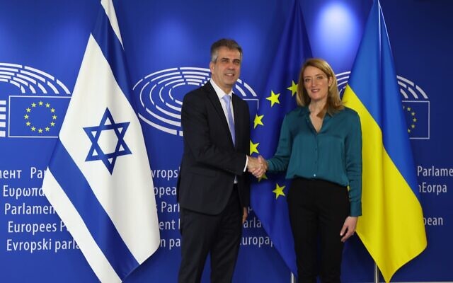 Foreign Minister Eli Cohen, left, with EU Parliament Roberta Metsula in Brussels, Belgium on May 2, 2023. (Johanna Géron, Israel Embassy Brussels)