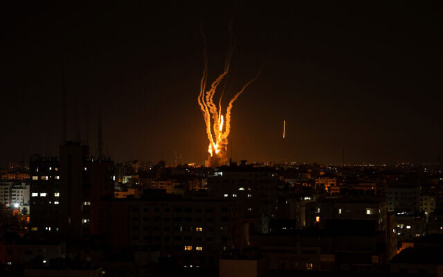 Rockets are launched from the Gaza Strip toward Israel, in Gaza, May 10, 2023. (AP Photo/Fatima Shbair)