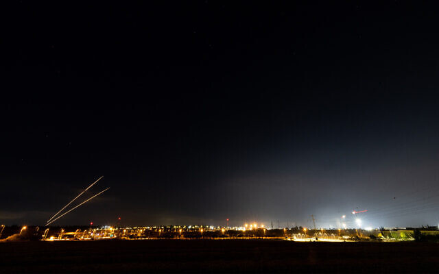Rockets fired from the Gaza Strip at Israel, as it seen from Sderot, on May 2, 2023. (Yonatan Sindel/Flash90)