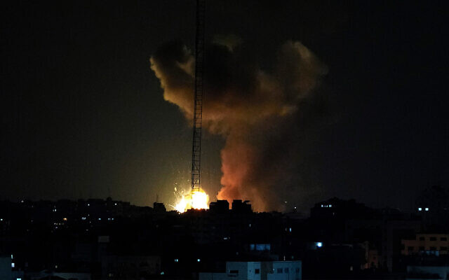 Smoke and fire rise from an explosion caused by an Israeli airstrike in Gaza, May 2, 2023. (AP Photo/Adel Hana)