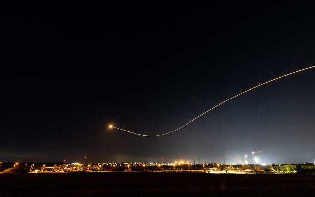 Iron Dome fires interception missiles as rockets are fired from the Gaza Strip at Israel, as it seen from Sderot, on May 2, 2023. (Yonatan Sindel/Flash90)