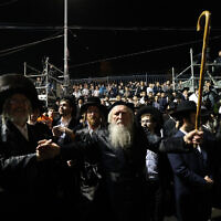Haredi Jews celebrate Lag B'Omer at Mount Meron on May 8, 2023. (David Cohen/Flash90)