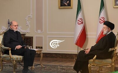 Iranian President Ebrahim Raisi speaks with the Lebanese pro-Hezbollah news outlet Al Mayadeen in an interview aired May 2, 2023 (screenshot)