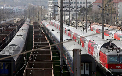 Trains parked at a station in Vienna, Austria, March 27, 2020. (AP Photo/Ronald Zak, File)
