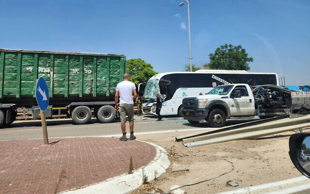 The scene of an accident between a truck and a bus in southern Israel, May 29, 2023. (Courtesy)