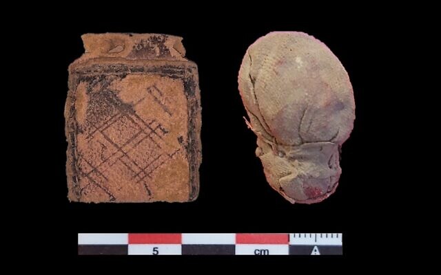 A leather charm holder (left) and cloth charm-holder (right) held kabbalistic charms, and were found in the synagogue in Tamanart, Morocco, in November 2021. (Courtesy Orit Ouaknine-Yekutieli/Yuval Yekutieli)