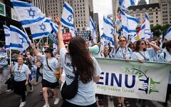 Marchers including Israeli activists in the Celebrate Israel Parade in New York City, June 4, 2023. (Luke Tress/Times of Israel)