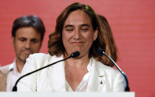 Barcelona Mayor Ada Colau speaks on May 28, 2023, after the local and regional elections held in Spain. (Joseph Lago/AFP)