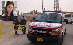 IDF soldiers open a gate for an ambulance outside the Mount Harif military base near the city of Mitzpe Ramon in the southern Negev desert, adjacent to the border with Egypt, on June 3, 2023. The inset photo shows Sgt. Lia Ben Nun, one of three soldiers killed by an Egyptian policeman in a shooting and later clashes. (Menahem Kahana/AFP; Israel Defense Forces)