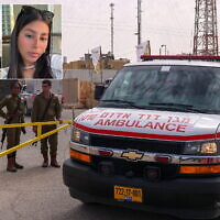 IDF soldiers open a gate for an ambulance outside the Mount Harif military base near the city of Mitzpe Ramon in the southern Negev desert, adjacent to the border with Egypt, on June 3, 2023. The inset photo shows Staff Sgt. Ohad Dahan, 20, (left) and Sgt. Lia Ben Nun, 19, (right) two of three soldiers killed by an Egyptian policeman in a shooting and later clashes. (Menahem Kahana/AFP; Israel Defense Forces)