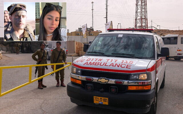 IDF soldiers open a gate for an ambulance outside the Mount Harif military base near the city of Mitzpe Ramon in the southern Negev desert, adjacent to the border with Egypt, on June 3, 2023. The inset photo shows Staff Sgt. Ohad Dahan, 20, (left) and Sgt. Lia Ben Nun, 19, (right) two of three soldiers killed by an Egyptian policeman in a shooting and later clashes. (Menahem Kahana/AFP; Israel Defense Forces)