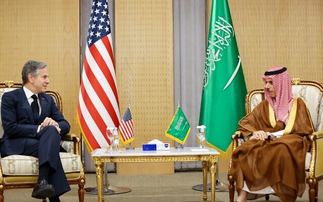 US Secretary of State Antony Blinken meets with Saudi Arabia's Foreign Minister Prince Faisal bin Farhan, in Riyadh, Saudi Arabia, on June 7, 2023. (Ahmed Yosri/Pool/AFP)