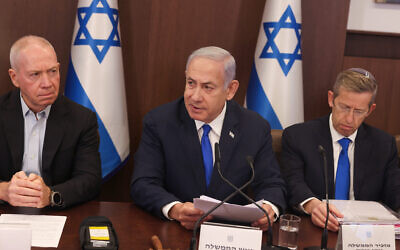 Prime Minister Benjamin Netanyahu chairs the weekly cabinet meeting at his office in Jerusalem on June 11, 2023. (Menahem Kahana/Pool/AFP)