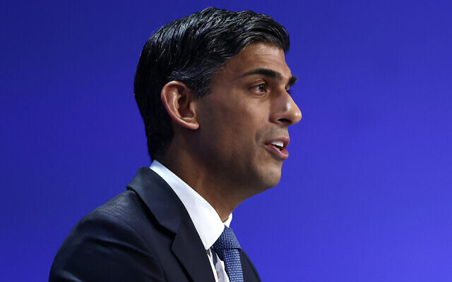Britain's Prime Minister Rishi Sunak delivers the opening speech on the first day of the Ukraine Recovery Conference in London on June 21, 2023. (Henry Nicholls/Pool/AFP)