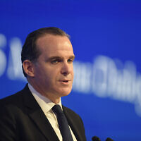 Brett McGurk, US White House Coordinator for the Middle East and North Africa, speaks during the 17th IISS Manama Dialogue in the Bahraini capital Manama on November 21, 2021. (Mazen Mahdi/AFP)