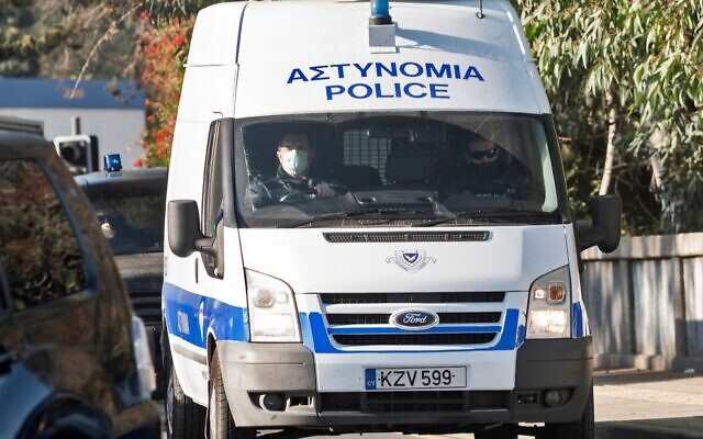 File: A Cyprus police van carrying an Azeri national suspected of taking part in an alleged plot to attack Israelis on the Mediterranean island is pictured outside the criminal court in the capital Nicosia, on December 6, 2021. (Iakovos Hatzistavrou / AFP)