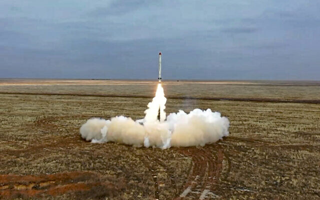 This photo taken from video provided by the Russian Defense Ministry Press Service on Saturday, Feb. 19, 2022, shows a Russian Iskander-K missile launched during a military exercise at a training ground in Russia. (Russian Defense Ministry Press Service via AP, File)