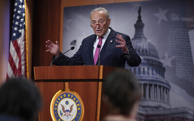US Senate Majority Leader Chuck Schumer, speaks to reporters after a series of amendment votes and final passage on the big debt ceiling and budget cuts package, at the Capitol in Washington, June 1, 2023. (AP/J. Scott Applewhite)