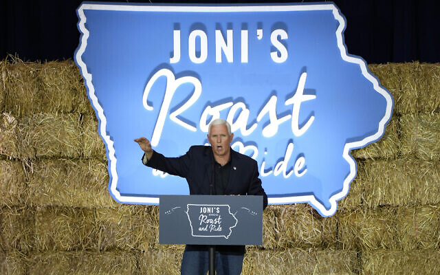 Former US vice president Mike Pence speaks during US Sen. Joni Ernst's Roast and Ride in Des Moines, Iowa on June 3, 2023. (AP Photo/Charlie Neibergall)