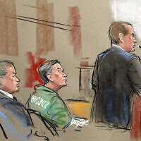 FILE: In this artist depiction, US Attorney Randy Bellows, right, addresses the court during the sentencing of convicted spy Robert Hanssen, center, seen with his attorney Plato Cacheris, left, at the federal courthouse in Alexandria, Va., May 10, 2002.(William Hennessy, Jr. via AP)