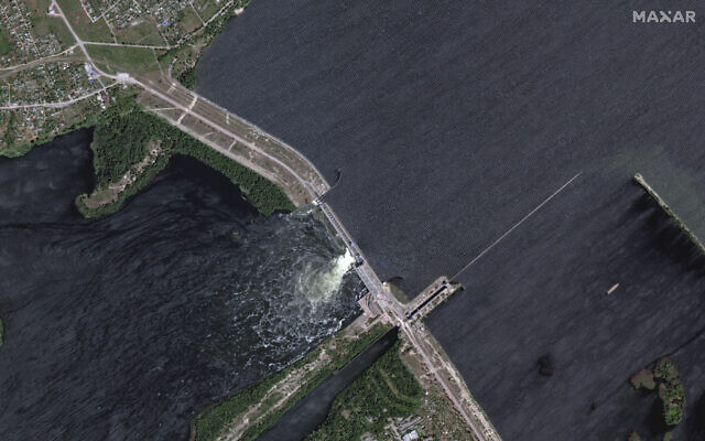 This satellite image provided by Maxar Technologies shows an overview of the Kakhovka dam in southern Ukraine on June 5, 2023. (Maxar Technologies via AP)