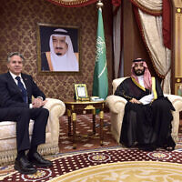 Saudi Arabia's Crown Prince Mohammed bin Salman, left, meets with US Secretary of State Antony Blinken in Jeddah on June 7, 2023. (Amer Hilabi/Pool Photo via AP)