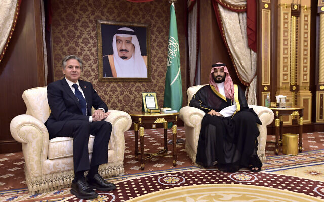 Saudi Arabia's Crown Prince Mohammed bin Salman, left, meets with US Secretary of State Antony Blinken in Jeddah, Wednesday, June 7, 2023. Blinken arrived in Saudi Arabia Tuesday on a trip to strengthen strained ties with the long-time ally. (Amer Hilabi/Pool Photo via AP)