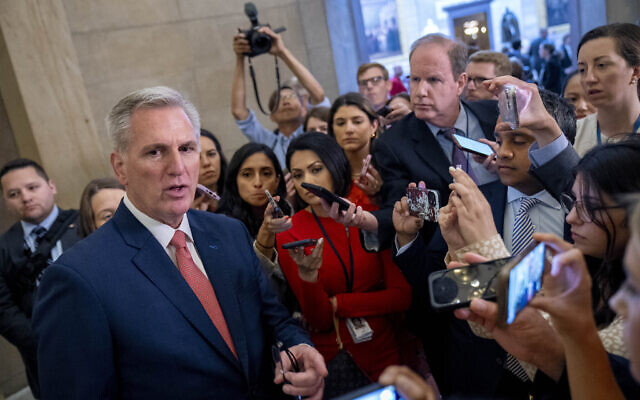 US House Speaker Kevin McCarthy of Calif. speaks to reporters outside his office on Capitol Hill in Washington, Wednesday, June 7, 2023. (AP Photo/Andrew Harnik)