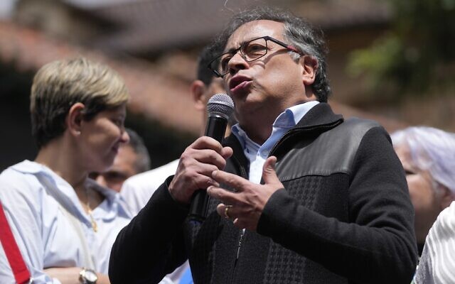 Colombia's President Gustavo Petro speaks to supporters during a rally in Bogota, Colombia, June 7, 2023.  (AP Photo/Fernando Vergara)
