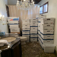 This image, contained in the indictment against former US president Donald Trump, shows boxes of records stored in a bathroom and shower in the Lake Room at Trump's Mar-a-Lago estate in Palm Beach, Florida. (Justice Department via AP)