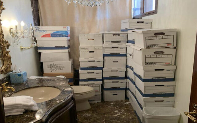 This image, contained in the indictment against former US president Donald Trump, shows boxes of records stored in a bathroom and shower in the Lake Room at Trump's Mar-a-Lago estate in Palm Beach, Florida. (Justice Department via AP)