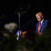 Former US president Donald Trump speaks at the Georgia Republican convention, June 10, 2023, in Columbus, Georgia. (AP Photo/John Bazemore)