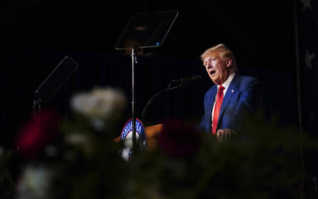 Former US president Donald Trump speaks at the Georgia Republican convention, June 10, 2023, in Columbus, Georgia. (AP Photo/John Bazemore)