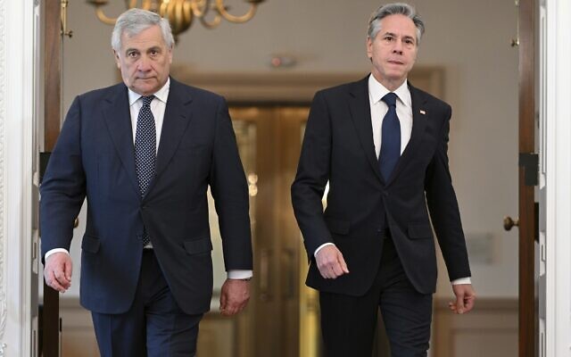 US Secretary of State Antony Blinken and Italy's Foreign Minister Antonio Tajani arrive to speak to members of the media in the Treaty Room of the State Department in Washington, June 12, 2023. (Mandel Ngan/ Pool Photo via AP)