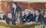 In this courtroom sketch, attorney Todd Blanche stands as he enters a plea of not guilty on behalf of former President Donald Trump, second from right, in federal court, Tuesday, June 13, 2023, in Miami. From left are: Stanley Woodward, Walt Nauta, Blanche, Trump and Chris Kise.  (Elizabeth Williams via AP)