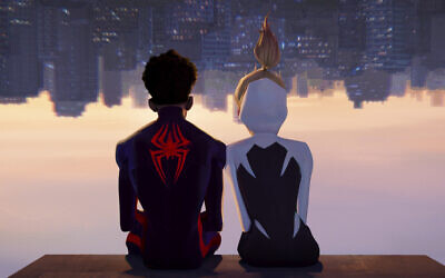 This image released by Sony Pictures Animation shows Miles Morales as Spider-Man, voiced by Shameik Moore, left, and and Spider-Gwen, voiced by Hailee Steinfeld, in a scene from Columbia Pictures and Sony Pictures Animation's 'Spider-Man: Across the Spider-Verse.' (Sony Pictures Animation via AP)